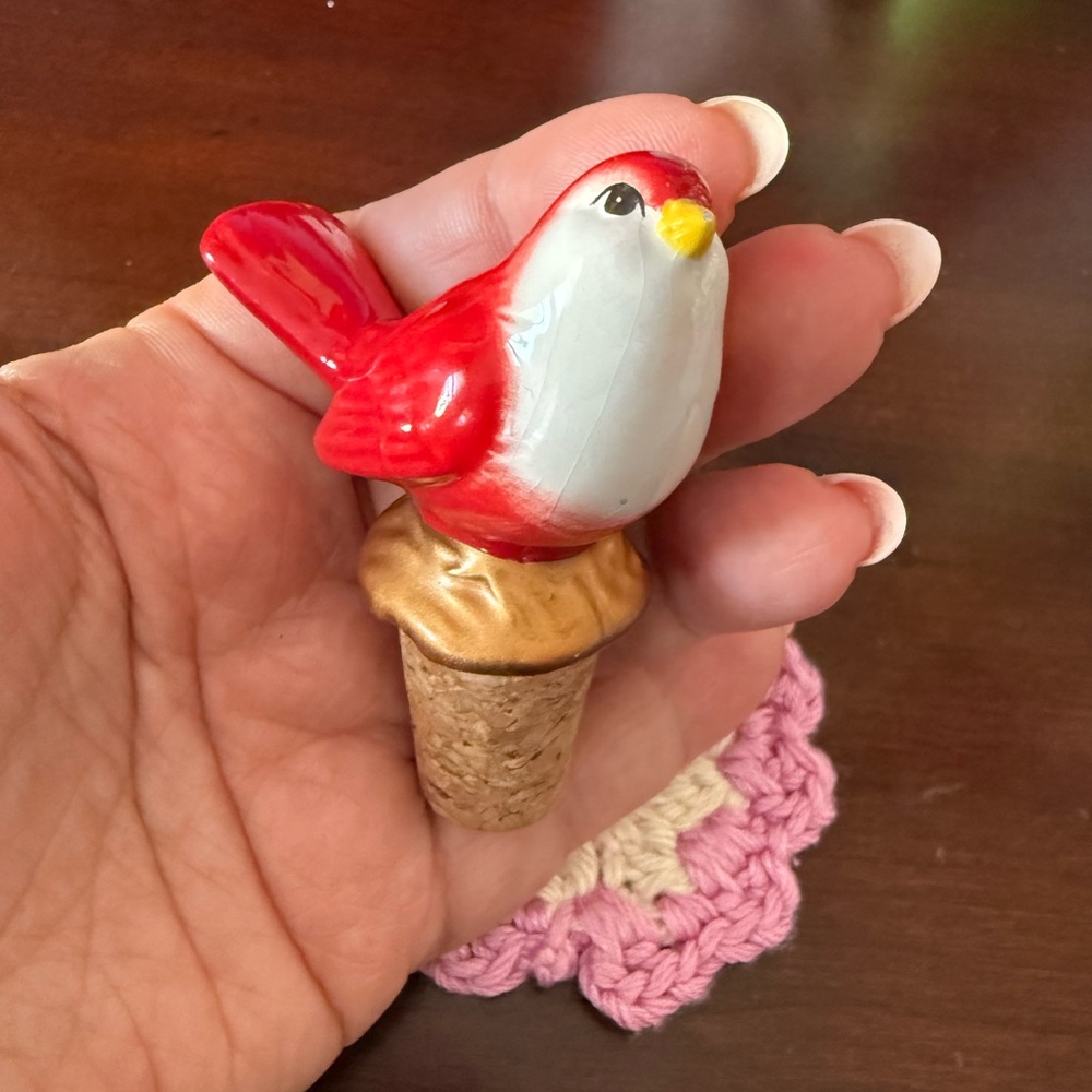 Red and White Cardinal Bird Wine Bottle Stopper ceramic bird and cork